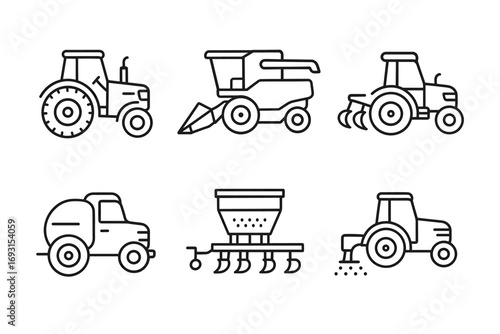 Outline icons of various farm machinery and equipment