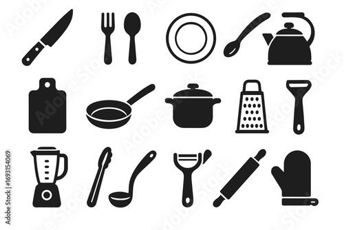 Black silhouettes of kitchen utensils including knife, spoon, fork, and more
