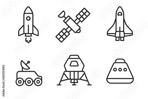 Set of space icons: rocket, satellite, shuttle, rover, lander, capsule