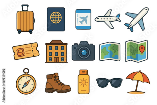 Travel icons: luggage, passport, airplane, ticket, camera, map, compass, boots, sunglasses, umbrella