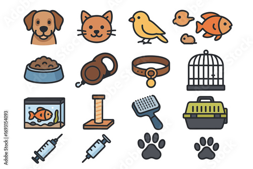 Pet care essentials: dog, cat, bird, fish, accessories, and supplies icons