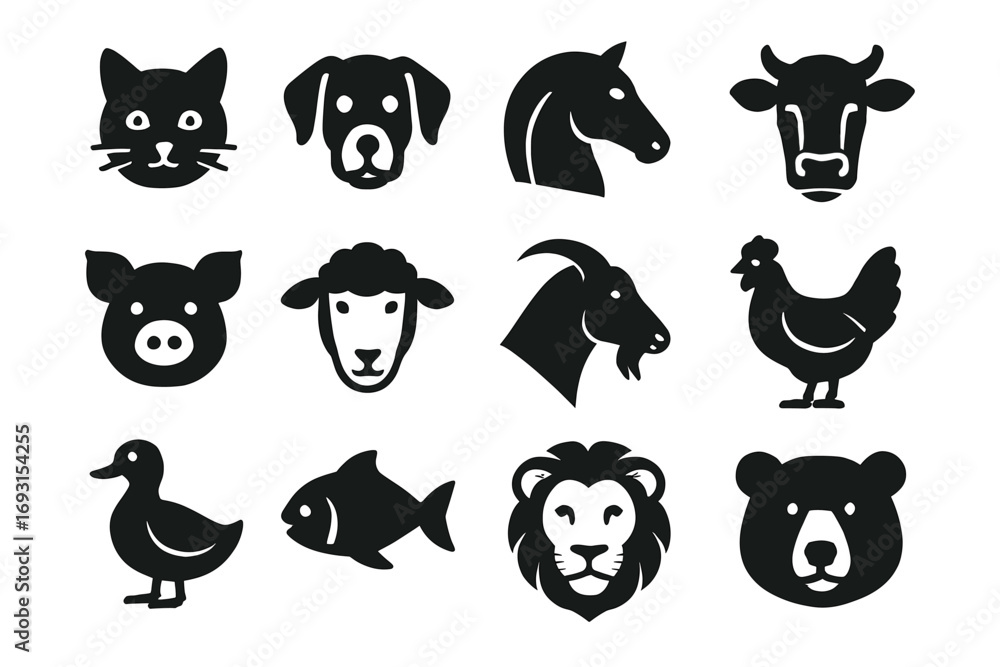 Obraz premium Animal icons set: cat, dog, horse, cow, pig, sheep, goat, chicken, duck, fish, lion, bear