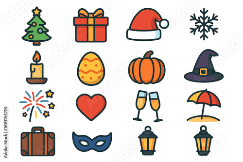 Festive holiday icons: christmas, halloween, easter, new year, travel