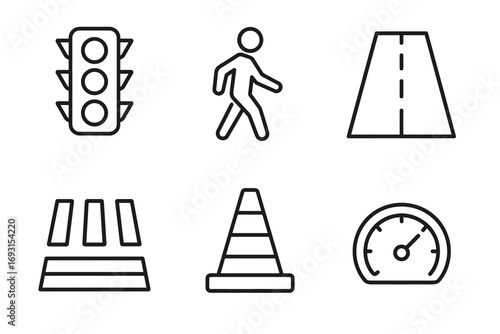 Traffic and road icons: traffic light, pedestrian, road, barrier, cone, speedometer