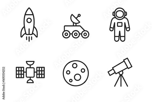 Minimalist space exploration icons including rocket, rover, astronaut, satellite, moon, telescope
