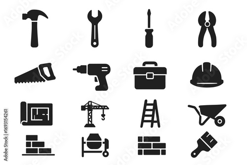 Construction tools icon set: hammer, wrench, saw, drill, hard hat, toolbox