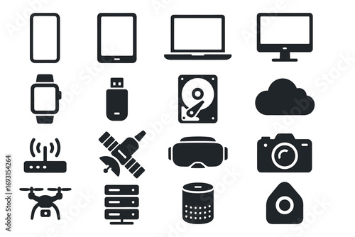 Set of digital device icons: smartphone, tablet, laptop, desktop, smartwatch, usb, hard drive, cloud, router, satellite, vr, camera, drone, server, speaker, smart home