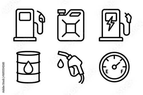 Set of fuel and energy icons featuring gasoline pump and electric charging station