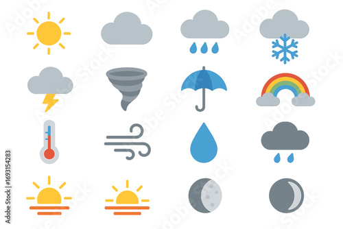 Weather icons set: sun, clouds, rain, snow, rainbow, tornado, umbrella, thermometer, wind, moon phases