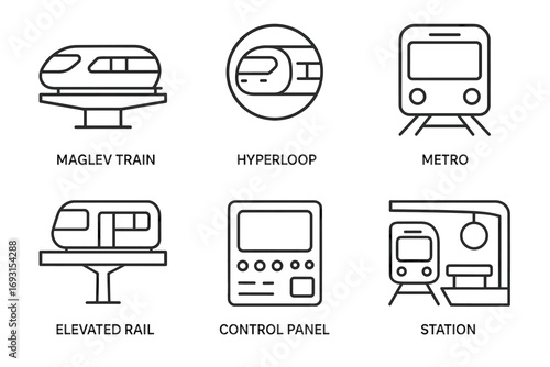 Rail transport technology icons: maglev, hyperloop, metro, elevated rail, control panel, station