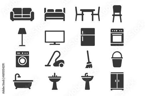 Collection of essential household furniture and appliances icons
