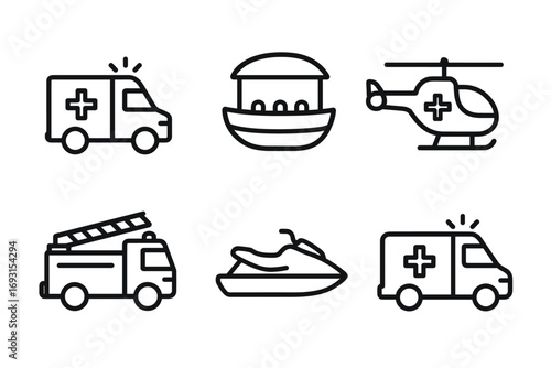 Emergency first responder vehicles: ambulance, helicopter, fire truck, boat, jet ski icons