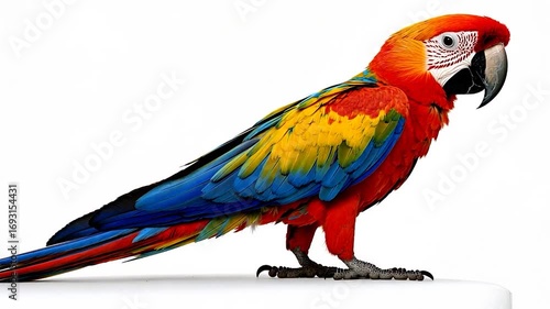 Colorful Parrot Standing on White Background with Detailed Feather Closeup