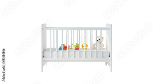 Baby Crib with Toys A White Wooden Bed Teddy Bear Stacking Rings and Blocks Ready for a on transparent background