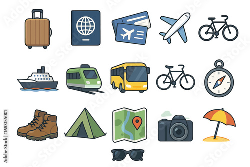 Travel adventure icons: luggage, passport, transportation, camping, leisure