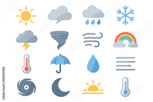 Weather icons collection: sun, cloud, rain, snowflake, thermometer, tornado, umbrella, rainbow