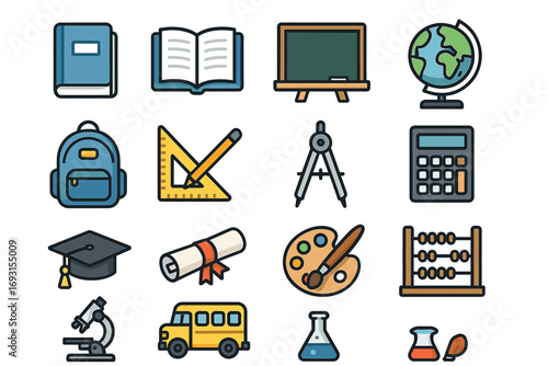 Colorful collection of school and education icons including books, calculator, and globe