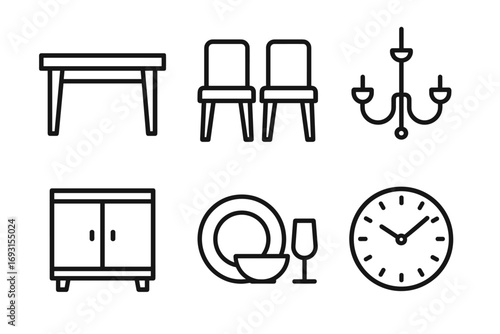 Minimalist furniture and home decor icons: table, chairs, chandelier, cabinet, dishes, clock