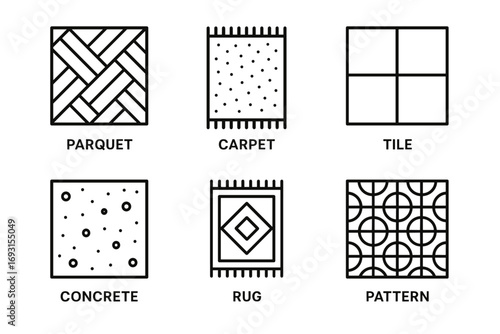Vector icons illustrating floor types: parquet, carpet, tile, concrete, rug, pattern designs