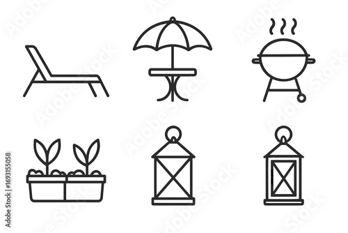 Outdoor leisure icons: lounge chair, umbrella table, bbq grill, garden pots, lanterns