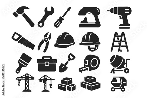 Construction tool icons set: hammer, drill, helmet, ladder, crane, cement mixer, toolbox, sawmill