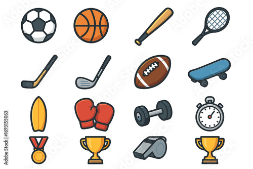 Variety of sports equipment and icons: balls, gear, and awards in colorful design
