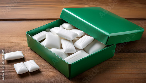 Chewing Gum Displayed On A Wooden Background In A Green Box
