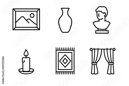 Collection of home decor elements: painting, vase, sculpture, candle, rug, curtains