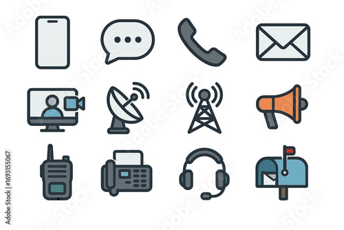 Communication icons: phone, email, satellite, antenna, megaphone, mailbox