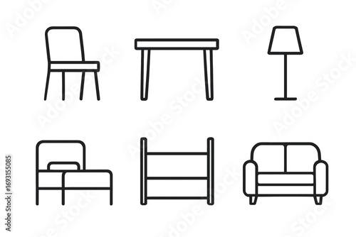 Minimalistic furniture icons: chair, table, lamp, bed, bookshelf, sofa