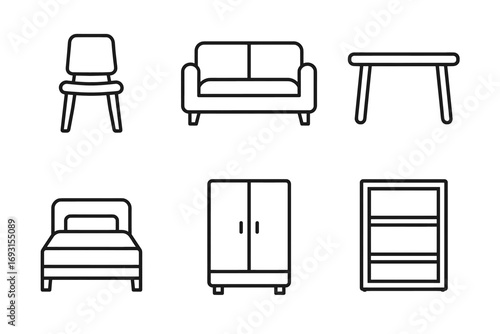 Minimalist furniture icons: chair, sofa, table, bed, wardrobe, shelf