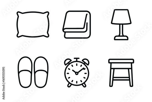 Minimalist bedroom essentials icons: pillow, blanket, lamp, slippers, clock, stool