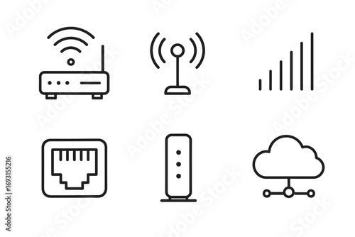 Wireless network and internet connection icon set: router, antenna, signal strength, ethernet, modem, cloud
