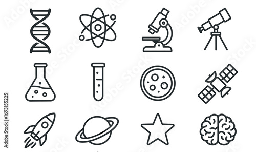Science icons: dna, microscope, telescope, space rocket, satellite, brain