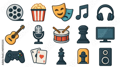 Collection of entertainment and media icons including music, film, and games