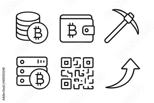 Cryptocurrency icons: bitcoin mining, wallet, server, qr code, arrow growth
