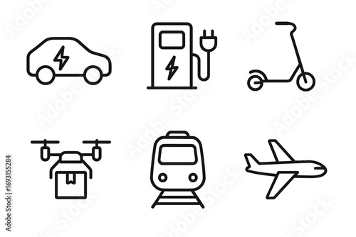 Electric transportation icons: car, charging station, scooter, drone, train, plane