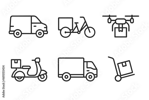 Delivery icons set: van, bicycle, drone, scooter, truck, handcart