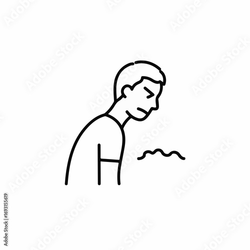 Man coughing with visible breath or illness, representing sickness, allergies, or respiratory distress for medical or health concepts.