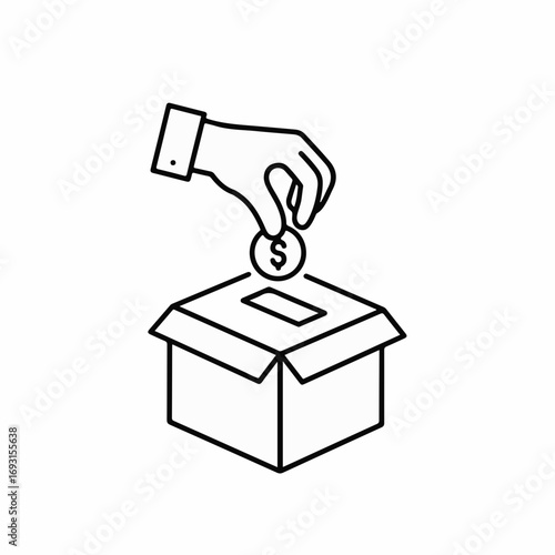 Confident hand places dollar coin into donation box, symbolizing financial support, generosity, and charitable giving for impactful causes.