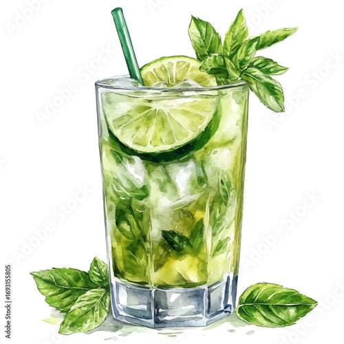 watercolor vector of Mojito, isolated on a white background.