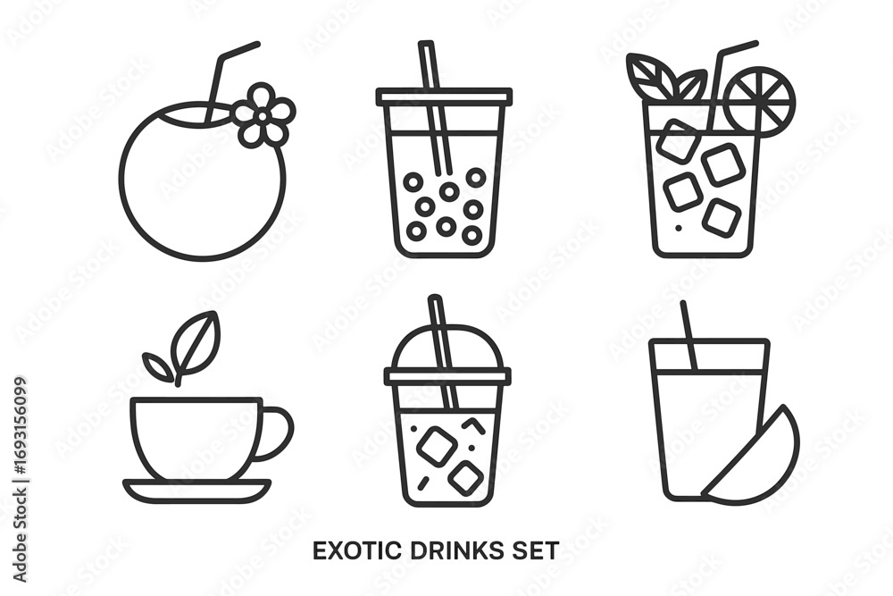 Set of exotic drinks icons: coconut, bubble tea, lemonade, herbal tea, juices Set of exotic drinks icons: coconut, bubble tea, lemonade, herbal tea, juices