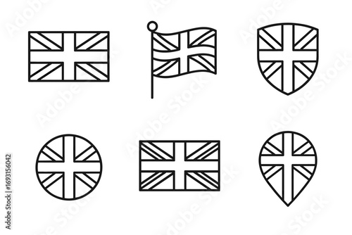 Set of union jack icons in various shapes and outlines