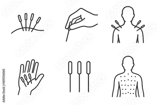 Acupuncture therapy icons set illustrating needles and body points