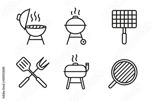 Barbecue icons: grills, utensils, and cooking tools in simple line art style