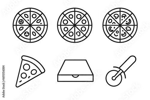 Outline icons of whole pizzas, pizza slice, pizza box, and pizza cutter