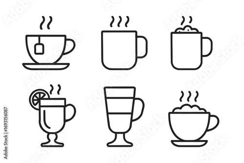 Variety of hot drinks: tea, coffee, and more in simple line art