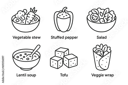 Line art icons of vegetable stew, stuffed pepper, salad, lentil soup, tofu, and veggie wrap