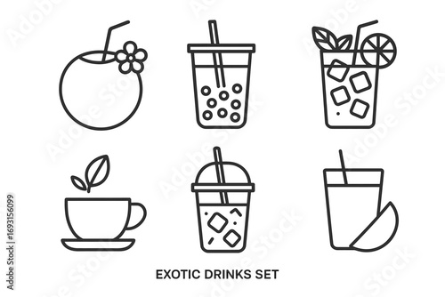 Set of exotic drinks icons: coconut, bubble tea, lemonade, herbal tea, juices