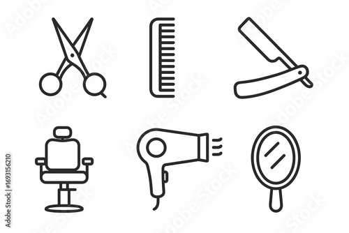 Barber tools icons: scissors, comb, razor, chair, hairdryer, mirror